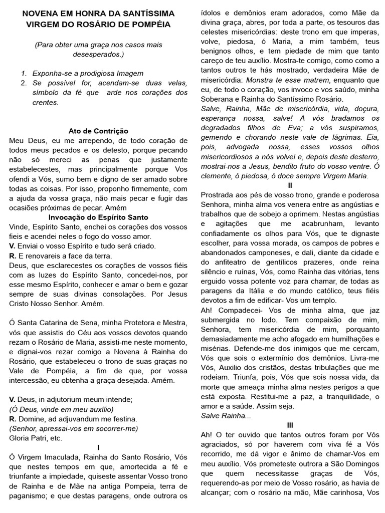 Novena Em Honra Da Santíssima Virgem Do Rosário De Pompéia Pdf