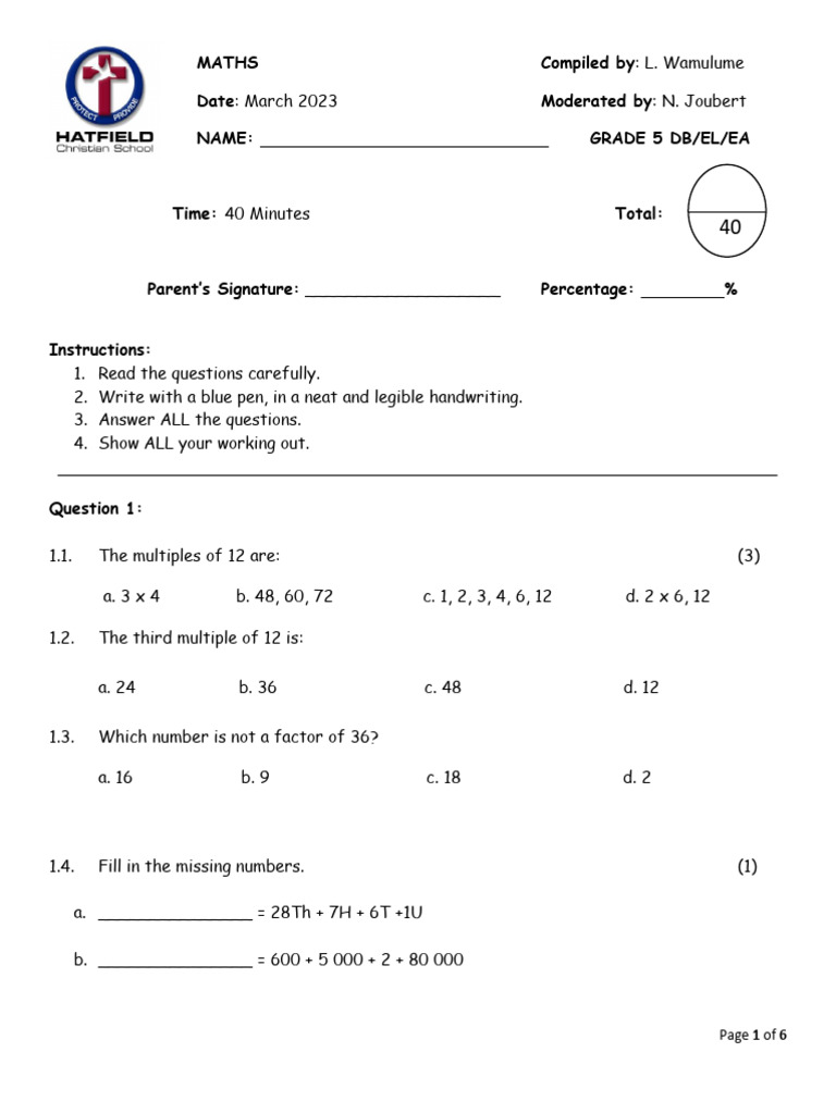 Grade 5 Maths Exam Paper 2023 | PDF | Mathematics