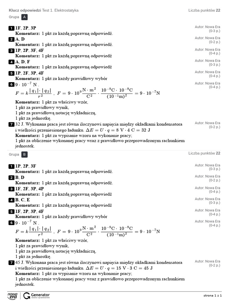 Sprawdzian Z Fizyki Klasa 8 Elektrostatyka Nowa Era Odpowiedzi Test 4. Elektrostatyka Klucz Odpowiedzi-1 | PDF