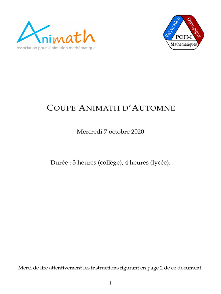 Coupe Animath Printemps 2025 - Exos | PDF | Mathématiques ...