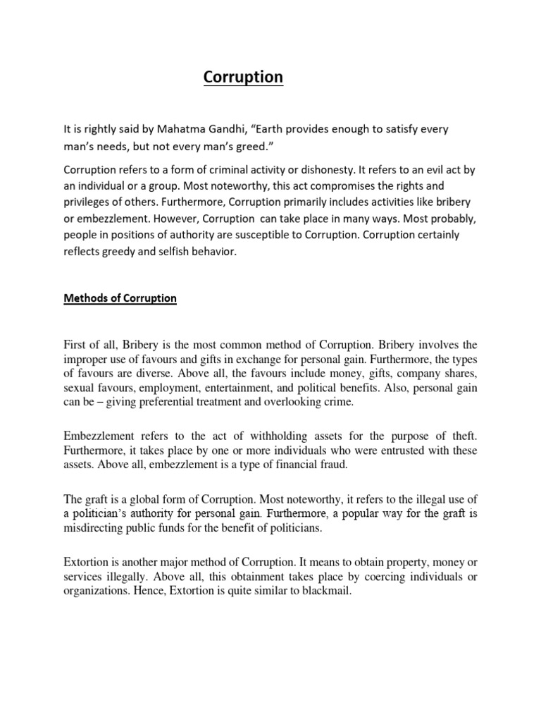 Lecturette On Corruption Pdf Corruption Political Corruption