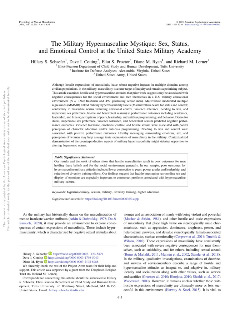 The Military Hypermasculine Mystique: Sex, Status, and Emotional ...
