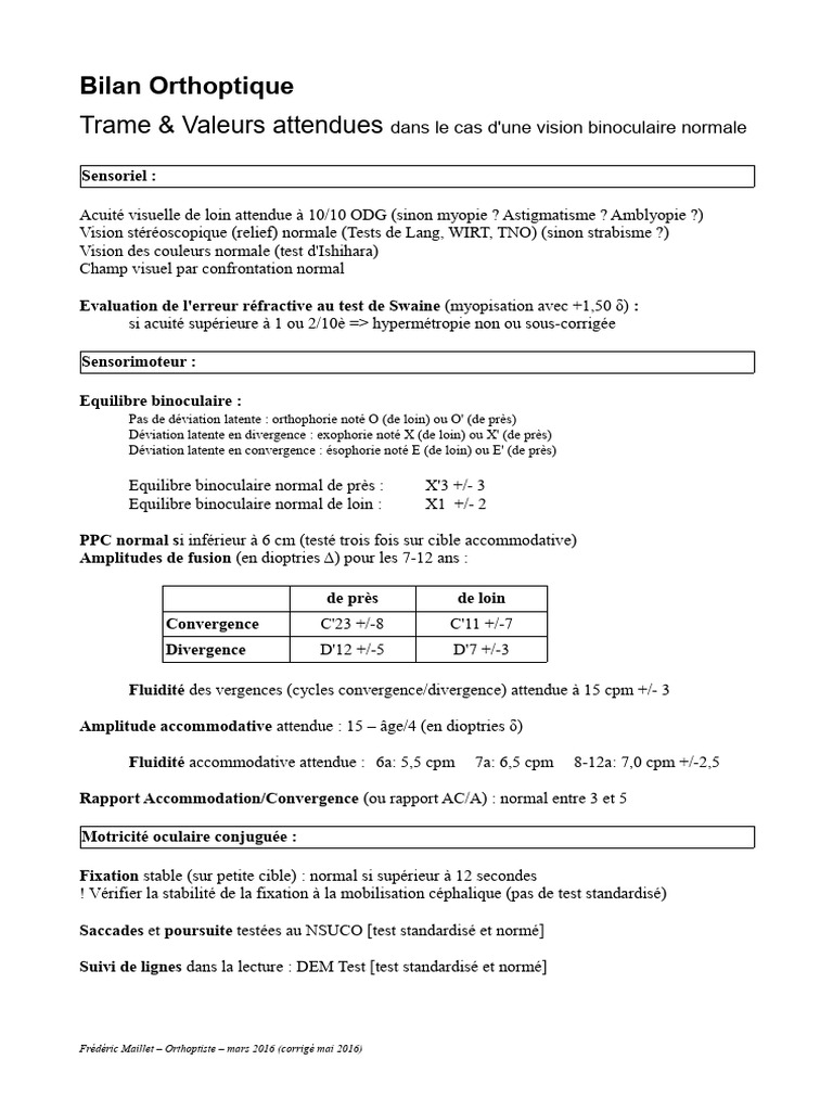 Bilan Orthoptique : Valeurs Normales | PDF