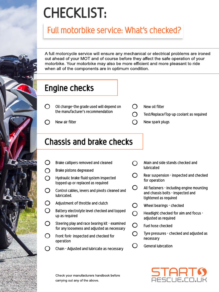 Full Motorbike Service Checklist PDF