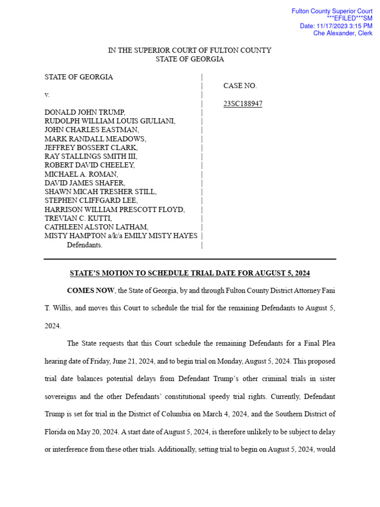 Da Office Motion To Schedule Trump Trial PDF Plea Public Sphere