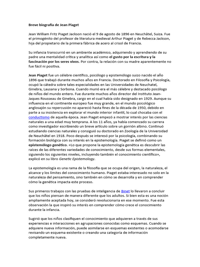 Breve Biografía de Jean Piaget | PDF | Aprendizaje | Pensamiento
