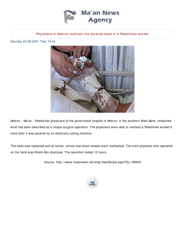 Hebron Surgeons Reattach Severed Hand | PDF