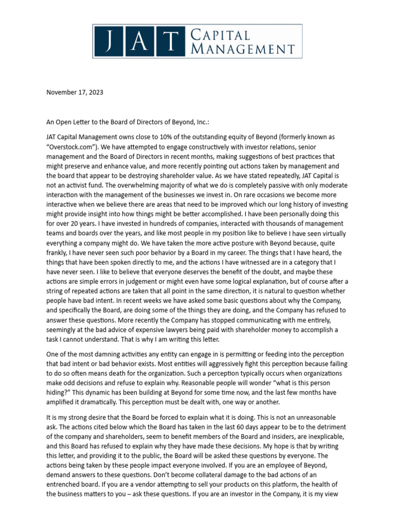 JAT Capital's Concerns for Beyond, Inc. | PDF | Board Of Directors ...