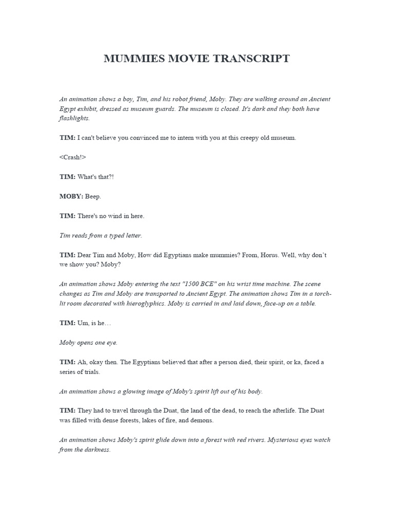 Mummies Movie Transcript Overview | PDF | Mummy | Cultural Aspects Of Death