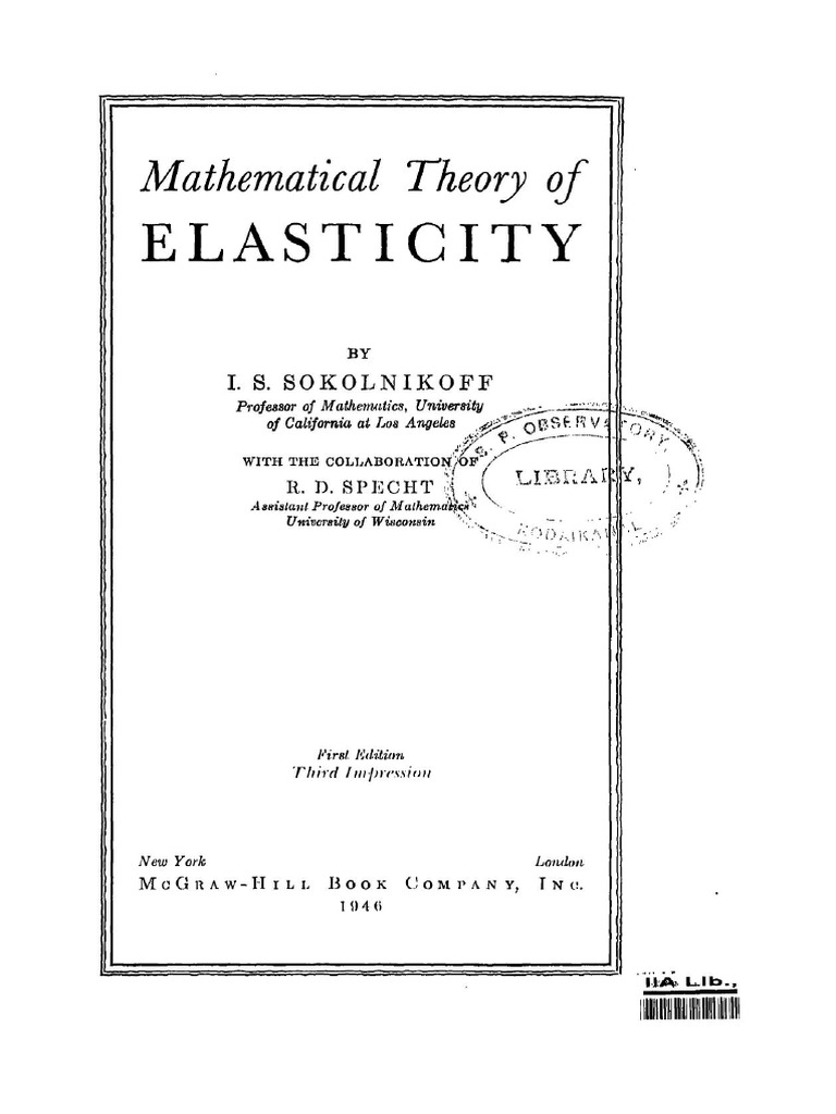Mathematical Theory of Elasticity Sokolnikoff 1946 | PDF