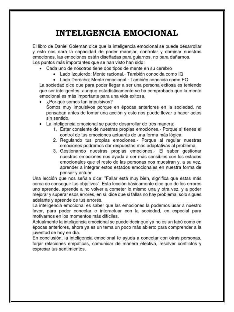 Inteligencia Emocional PDF Inteligencia emocional Las emociones