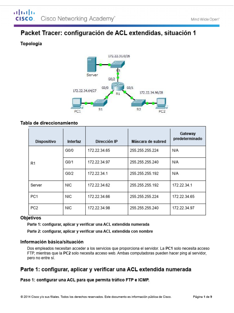 Configuración de ACL Extendidas en Packet Tracer | PDF | Dirección IP ...