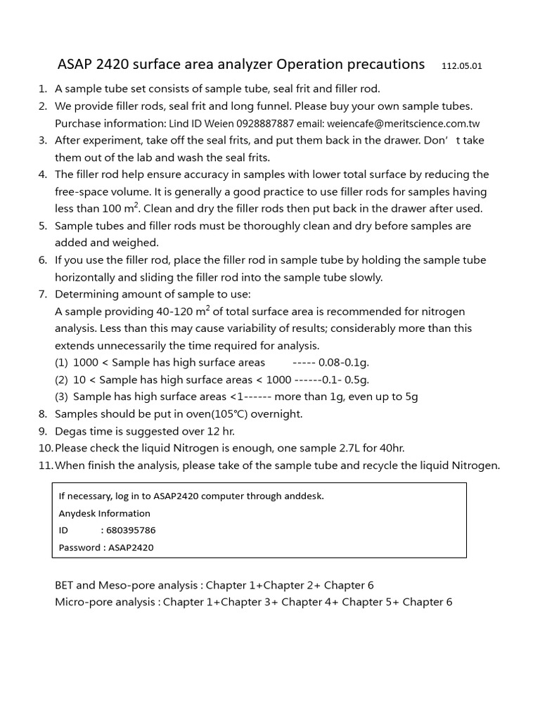ASAP 2420 Surface Area Analyzer Operation Precautions PDF Materials