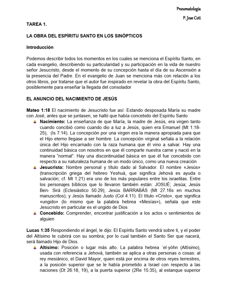 Tarea 1. La Obra Del Espiritu Santo en Los Libros Sinopticos | PDF ...