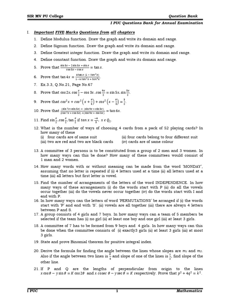 I PUC Maths Question Bank 2024 | PDF | Function (Mathematics ...