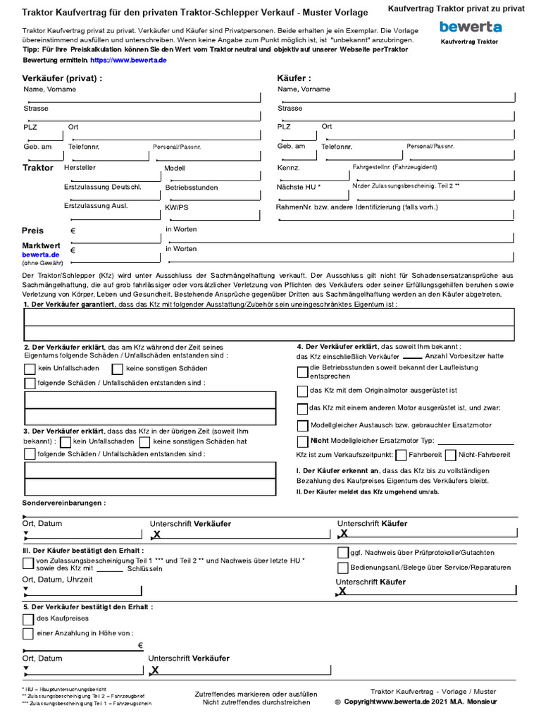 Kaufvertrag Traktor Privat