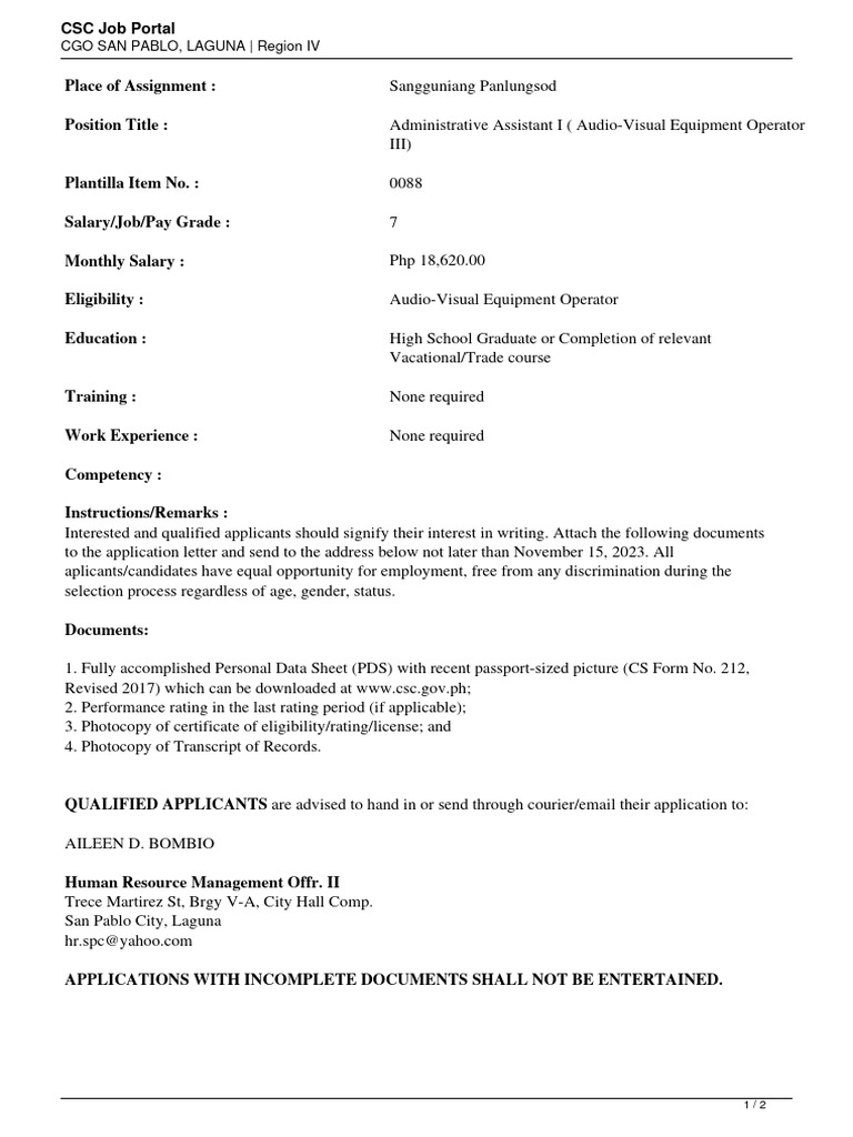 CGO SAN PABLO LAGUNAAdministrative Assistant I AudioVisual Equipment