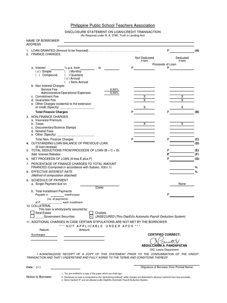 SSS Loan Disclosure Statement Form | PDF | Loans | Interest
