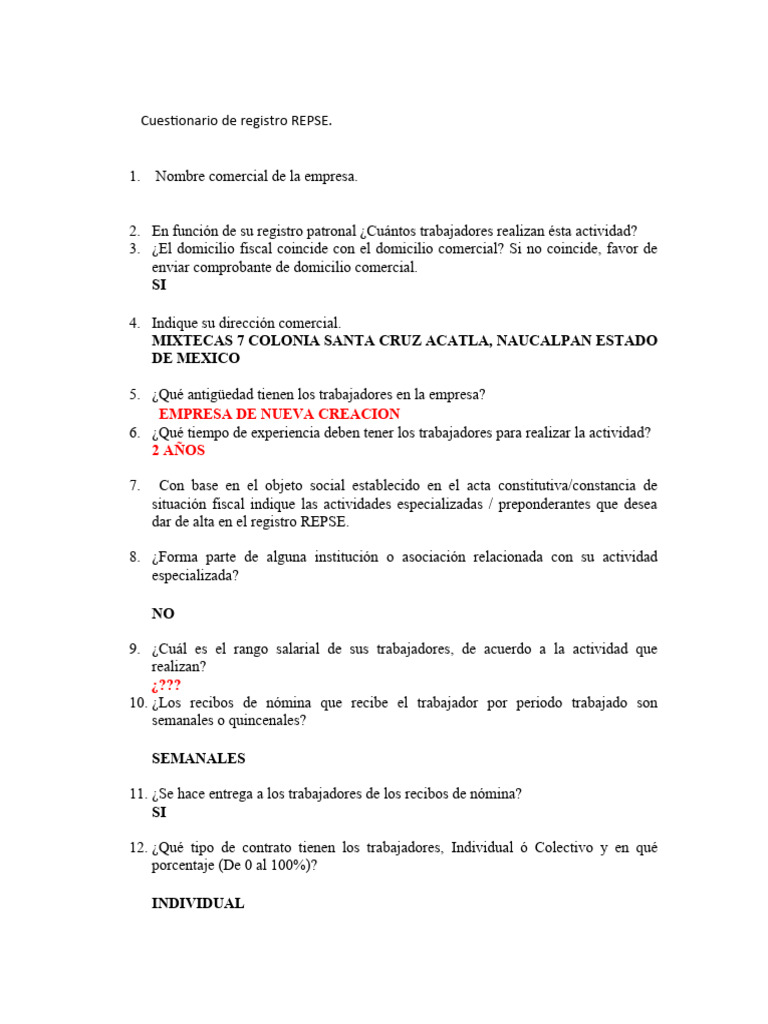 Cuestionario Registro REPSE 2025 | PDF | Crecimiento personal y ...