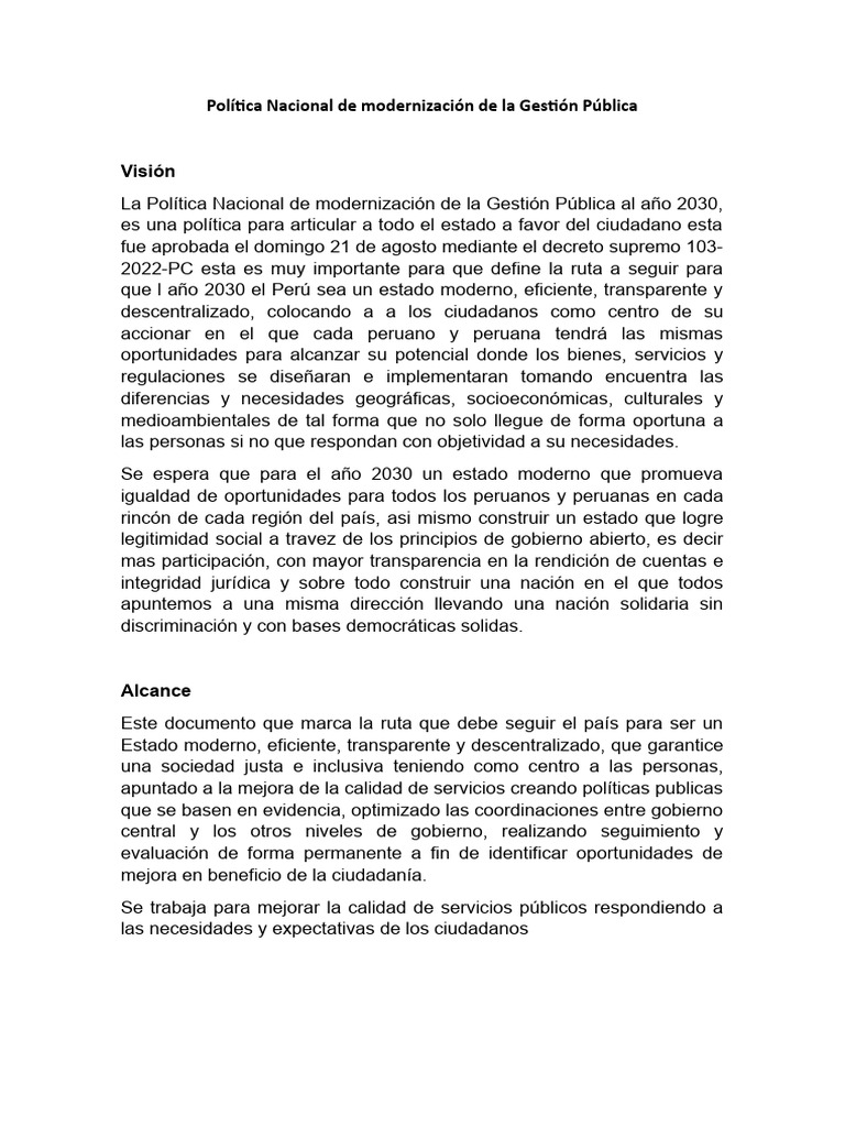 Política Nacional de modernización de la Gestión Pública | PDF ...
