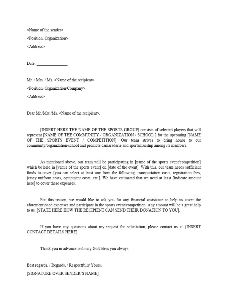 Solicitation Letter Sample Template For Sports Event E G Basketball