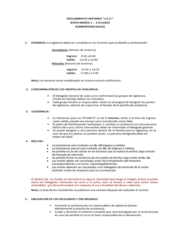 Reglamento Escolar 2025: Vigilancia y Multas | PDF