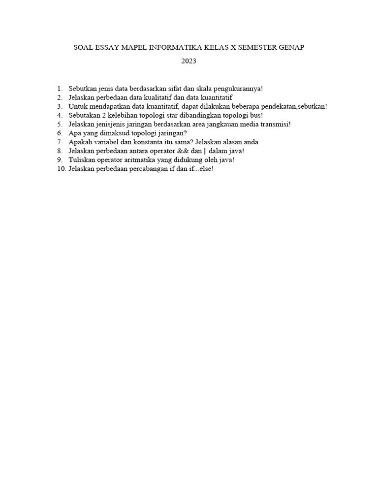 Soal Essay Informatika Kelas 10 Semester 2 | PDF