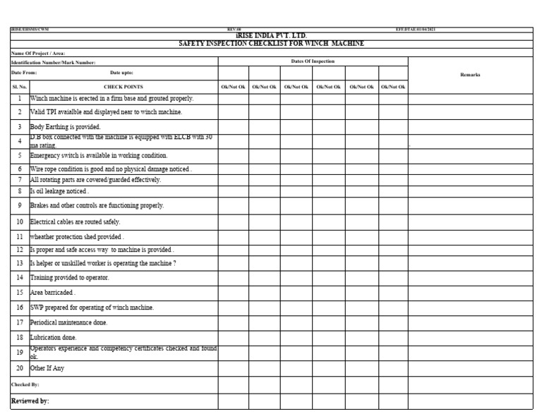 Winch Machine CHECKLIST | PDF | Technology & Engineering
