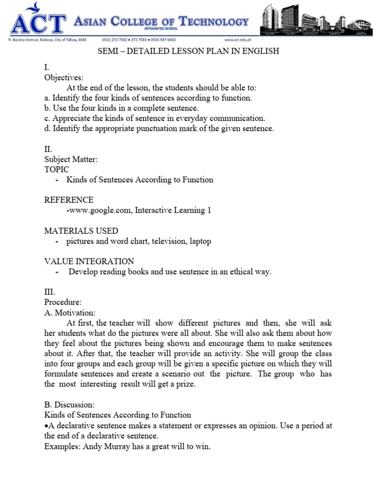 Lesson Plan on Sentence Types | PDF | Sentence (Linguistics) | Question