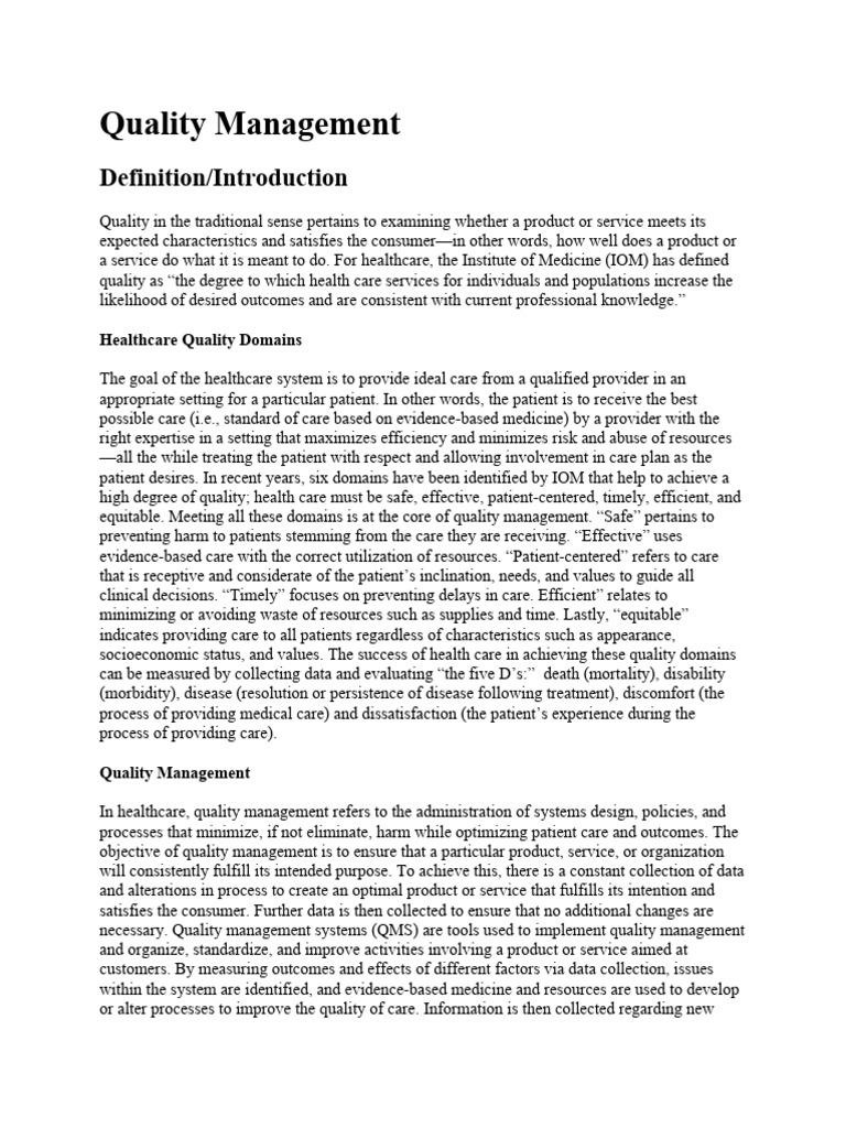 Quality Management in Healthcare Systems | PDF | Health Care | Quality ...