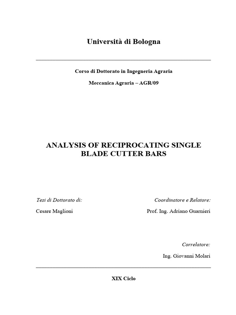 1 Analysis Of Reciprocating Single Blade Cutter Bars Analysis Of