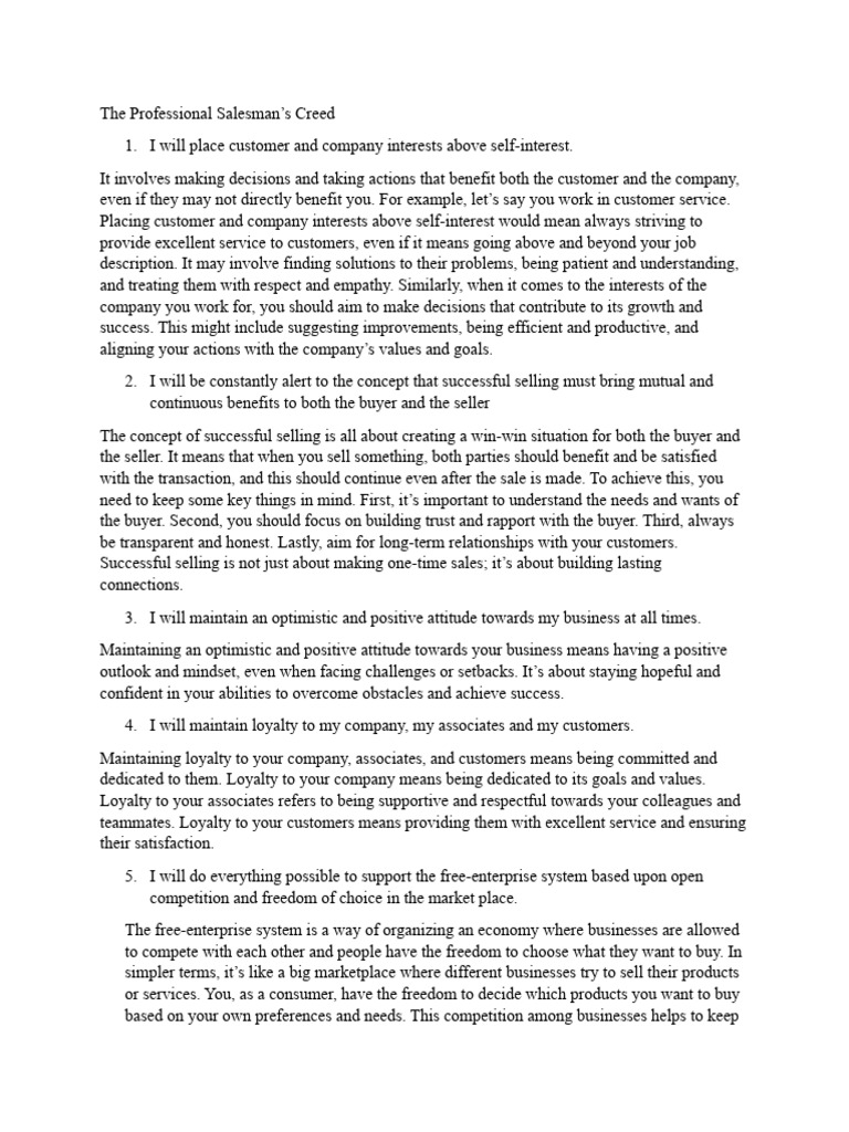 Professional Salesman's Creed | PDF | Sales | Customer