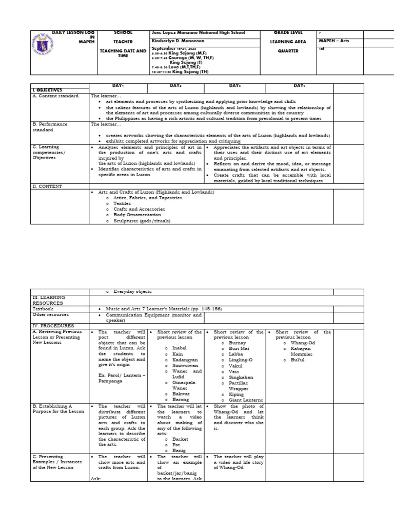 DLL in Arts 7 Q1 Week 4 | PDF | Learning | Crafts
