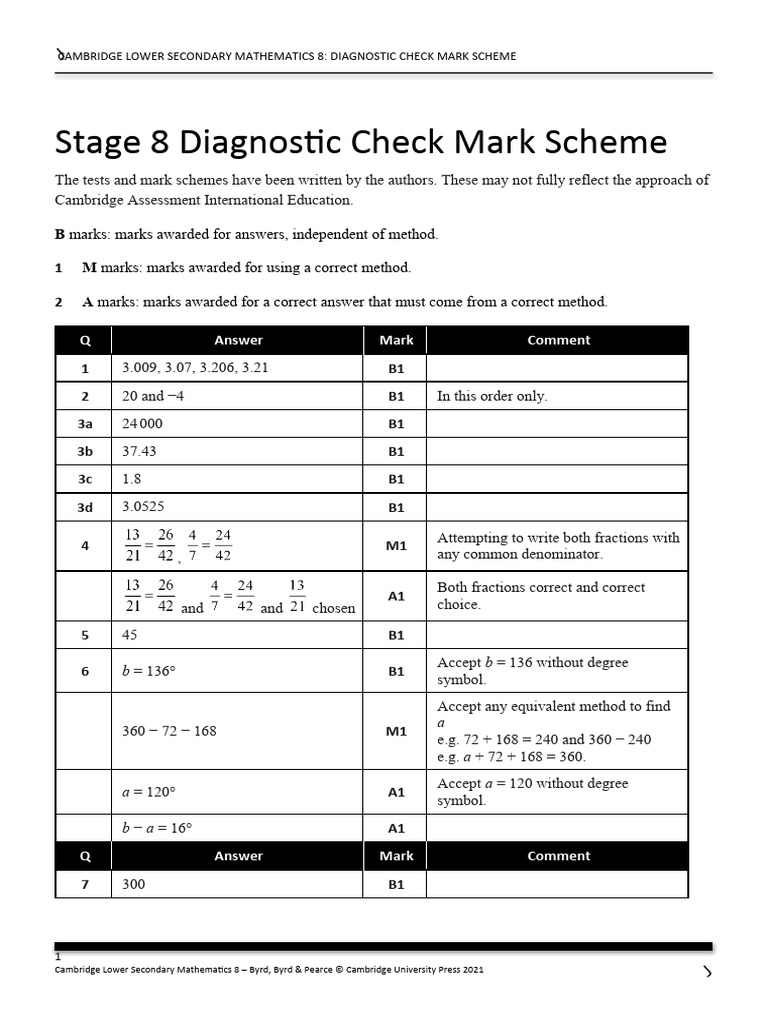 Diagnostic Check Mark Scheme: Maths 8 | PDF | Volume | Elementary ...