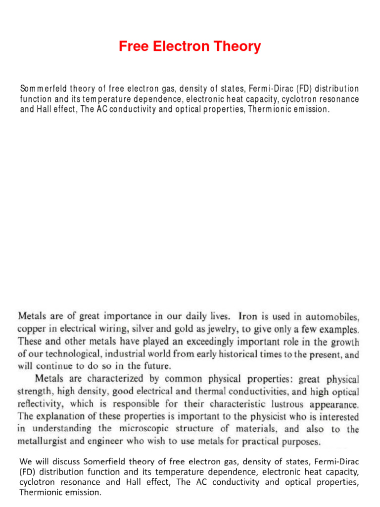 Free Electron Theory 1 PDF Electrical Resistivity And Conductivity