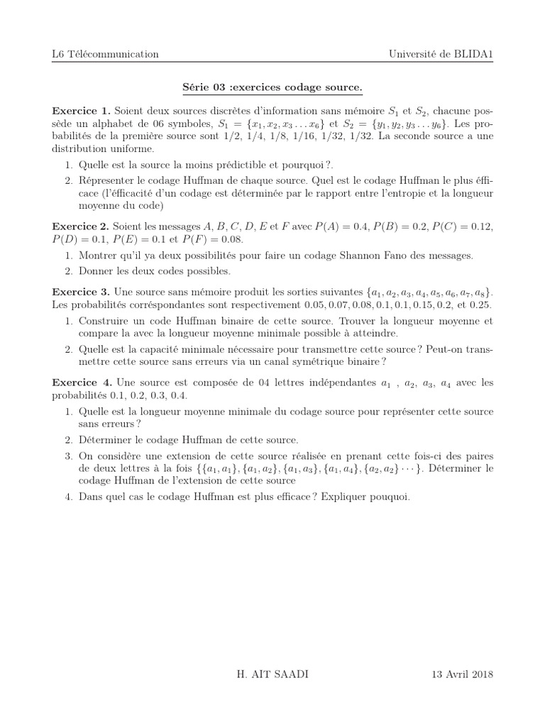 Exercices de codage source en télécommunication | PDF | Arts du langage ...