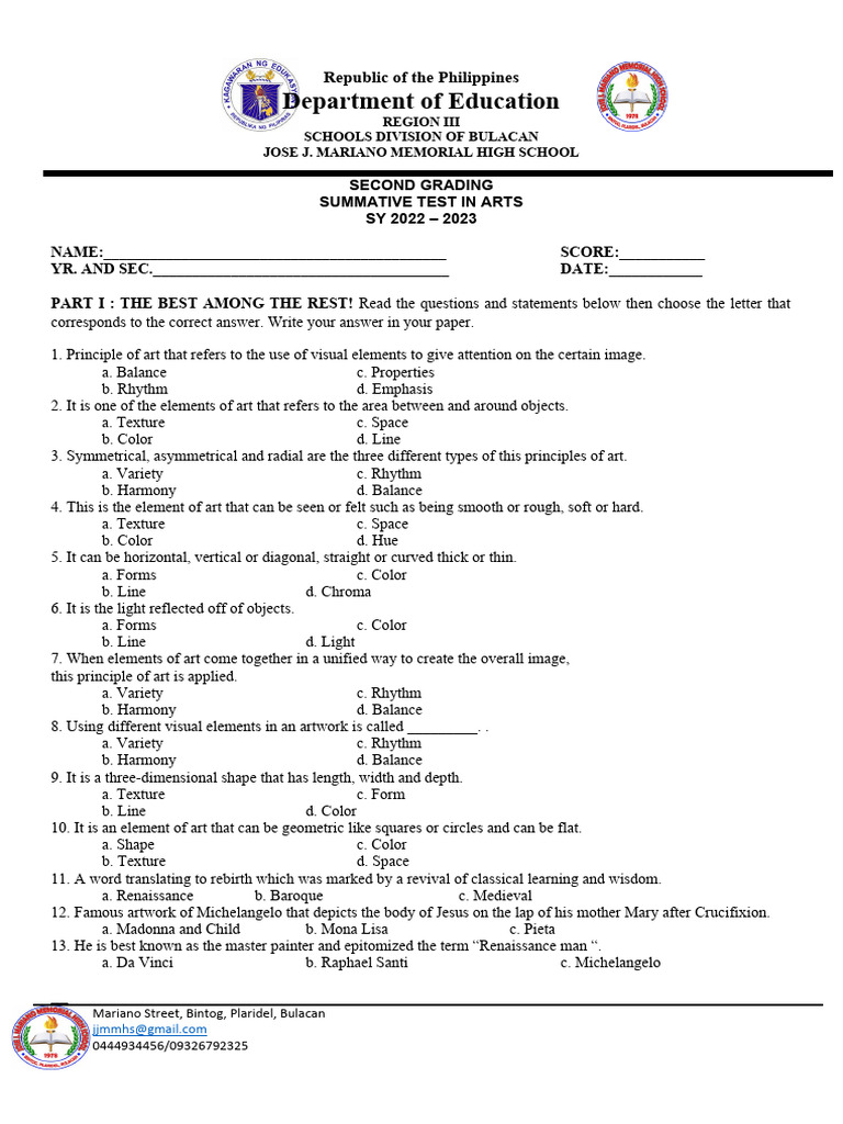 Summative Test In Arts Second Grading Pdf Leonardo Da Vinci