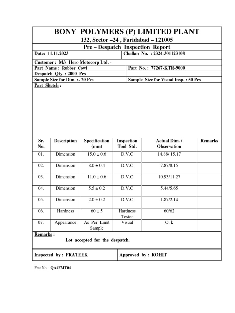 Pre-Dispatch Inspection Report for Rubber Cowl | PDF | Technology ...
