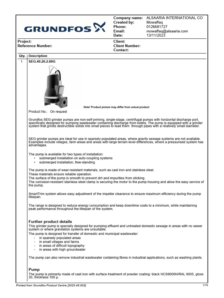 Grundfos SEG Grinder Pump Overview | PDF | Pump | Electric Motor