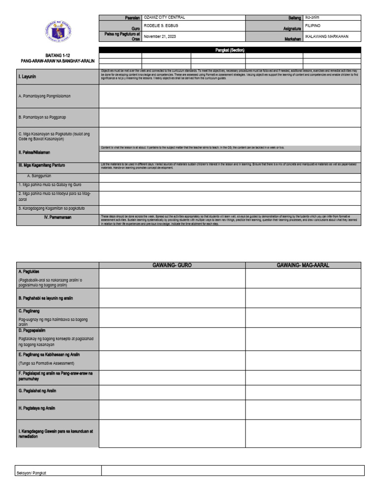 Banghay-Aralin sa Filipino Baitang 6 | PDF | Learning | Behavior ...