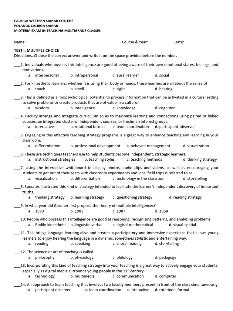 Midterm Exam: Teaching Multigrade Classes | PDF | Learning ...