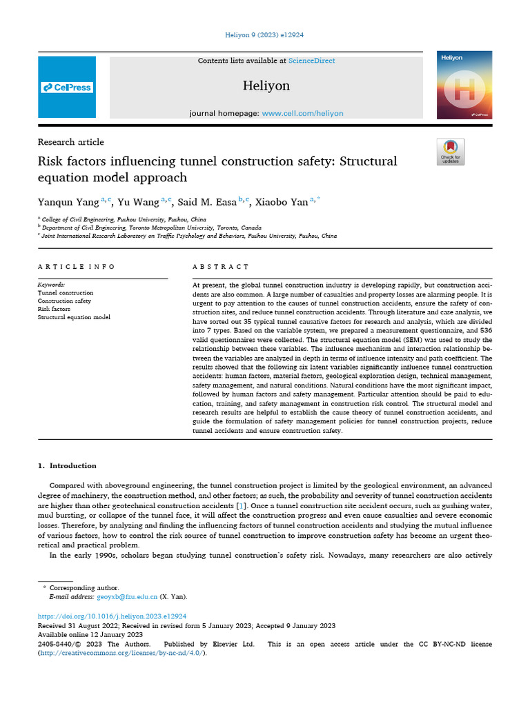 Risk Factors Influencing Tunnel Construction Safety Structural Equation ...