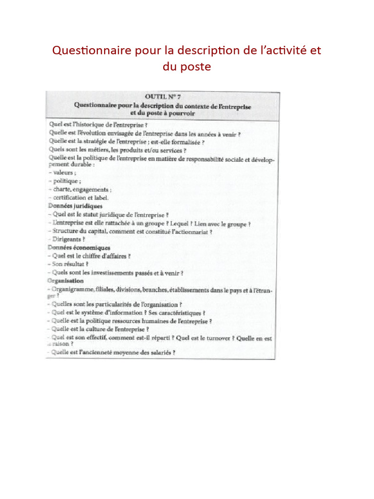 Questionnaire Description Poste et Activité | PDF