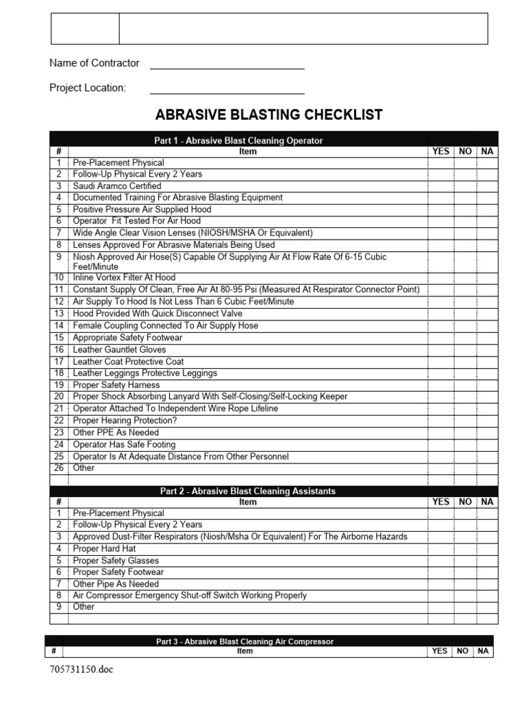 Abrasive Blasting Safety Checklist | PDF | Gases | Manufactured Goods