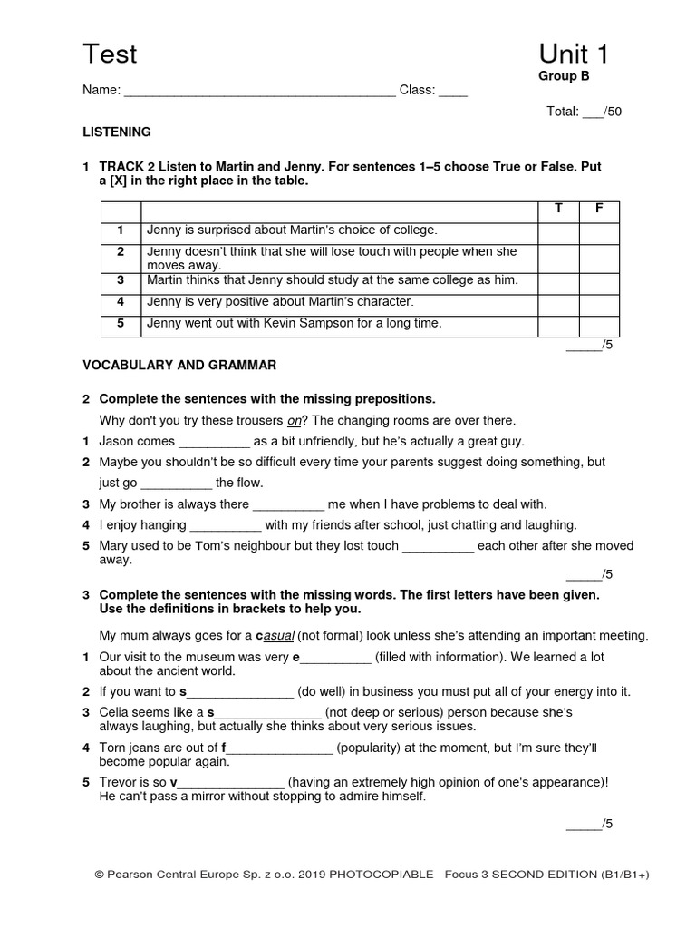 Focus 3 Unit 1 Test Group B | PDF | Self-Improvement