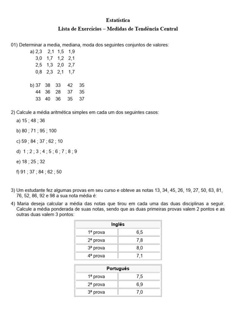 Exercícios sobre Medidas de Tendência Central | PDF | Métodos e ...