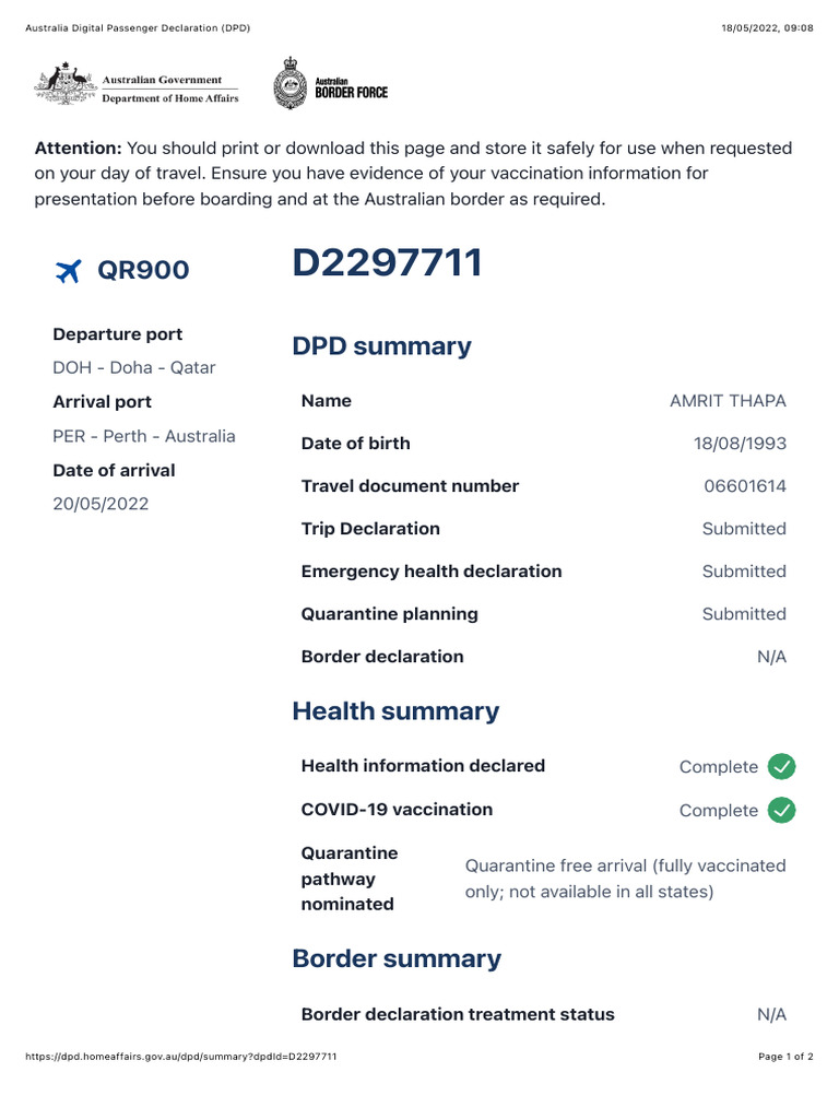 Australia digital passenger declaration dpd pdf epidemics