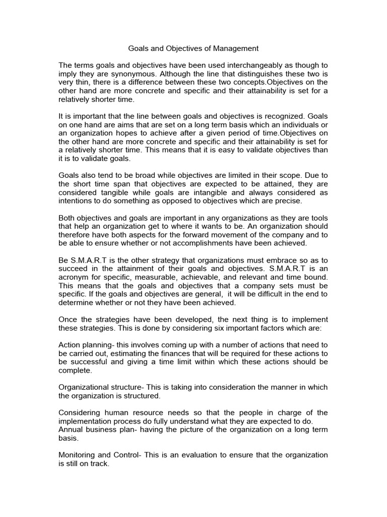 Goals and Objectives of Management PDF Goal Business