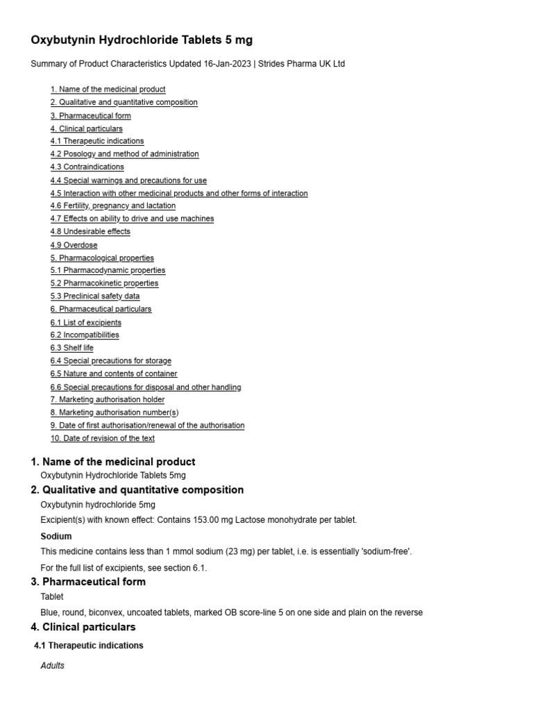 Oxybutynin hydrochloride tablets 5 mg summary of product