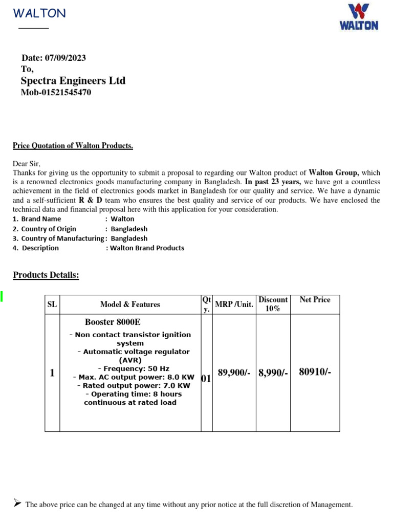 Walton Generator Price Quotation | PDF | Value Added Tax | Prices
